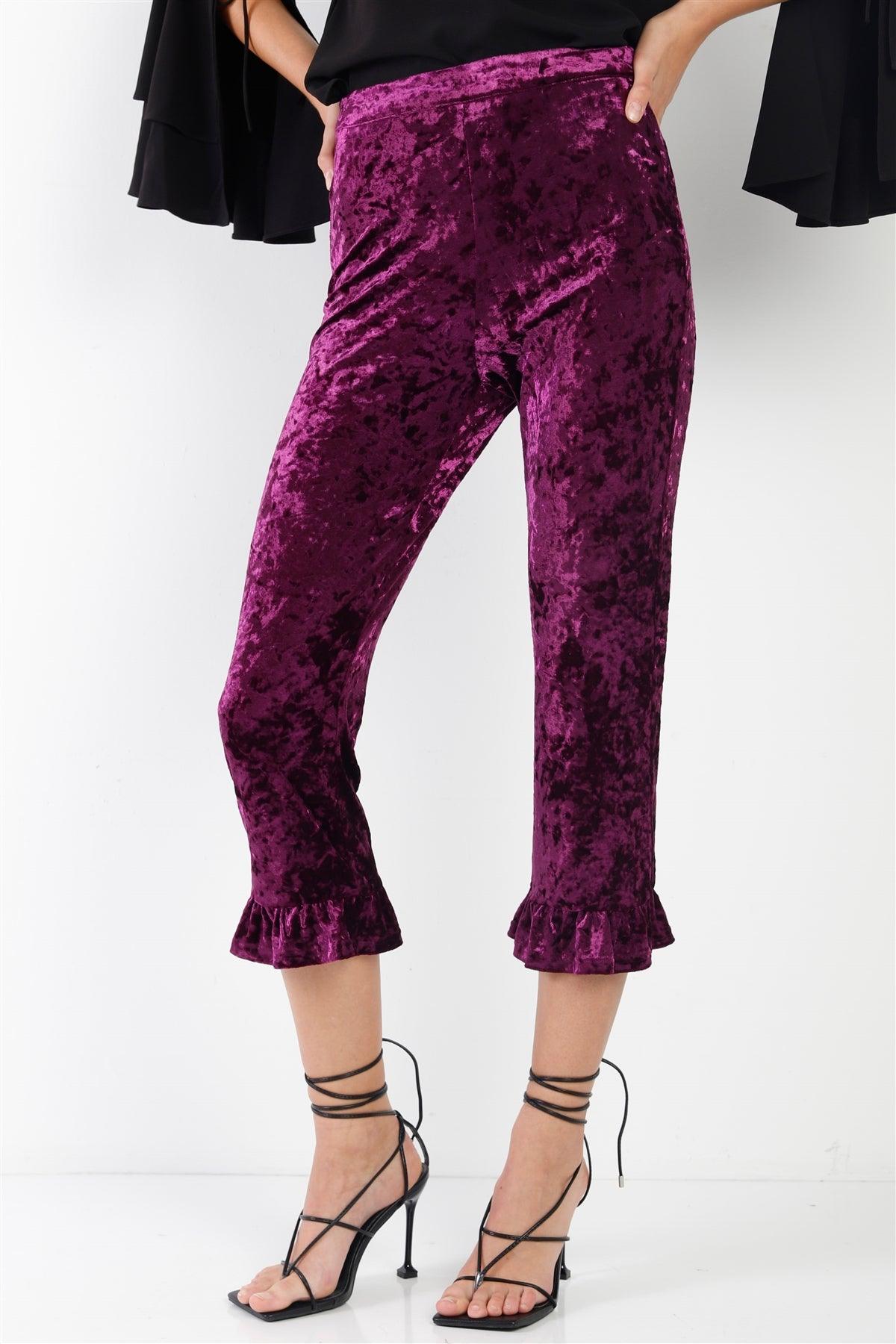 Purple Velvet Ruffle Hem Detail Capri Pants /1-2-2-1