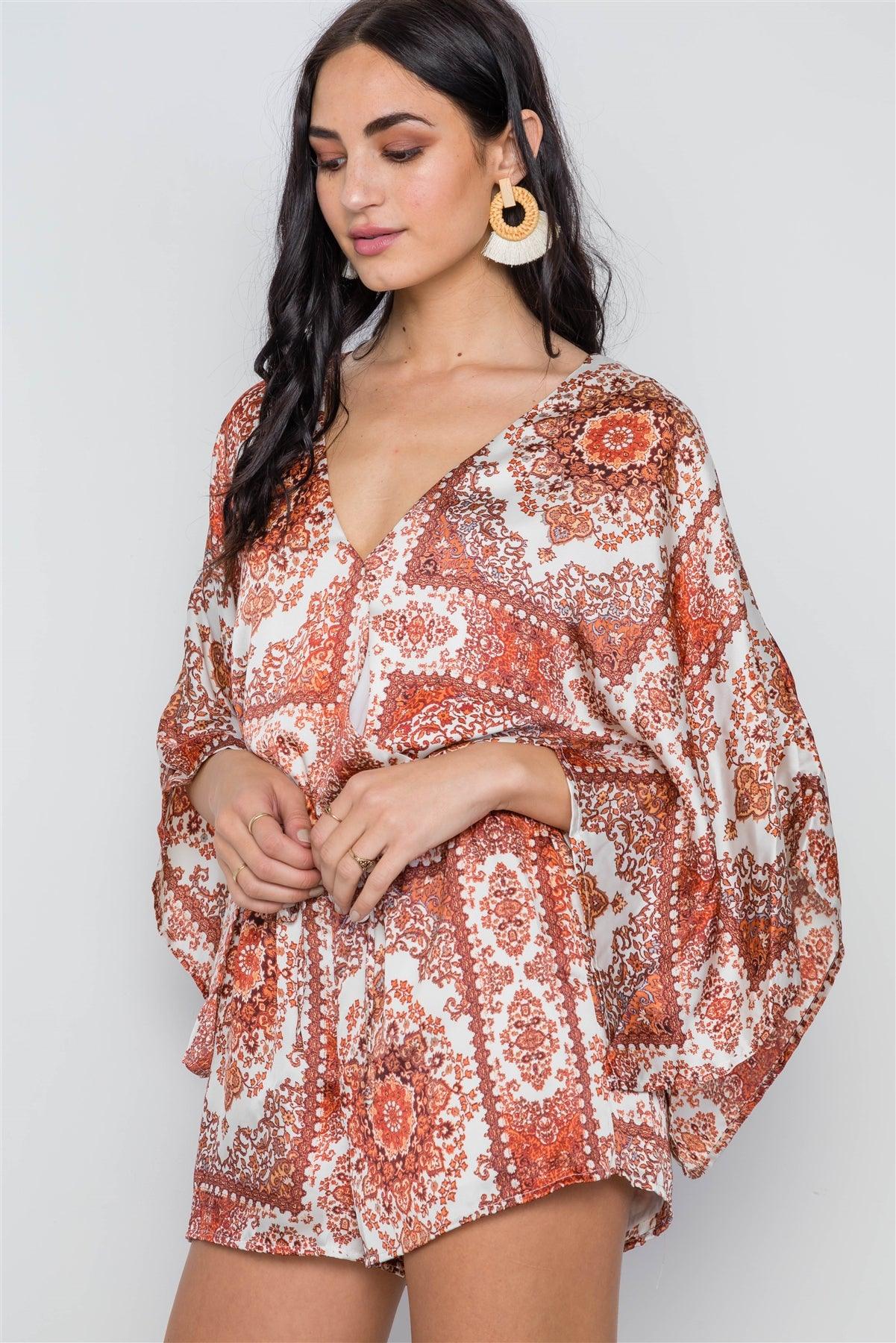 Multi Cream Paisley Print Batwing Surplice Neckline Romper /3-2-1