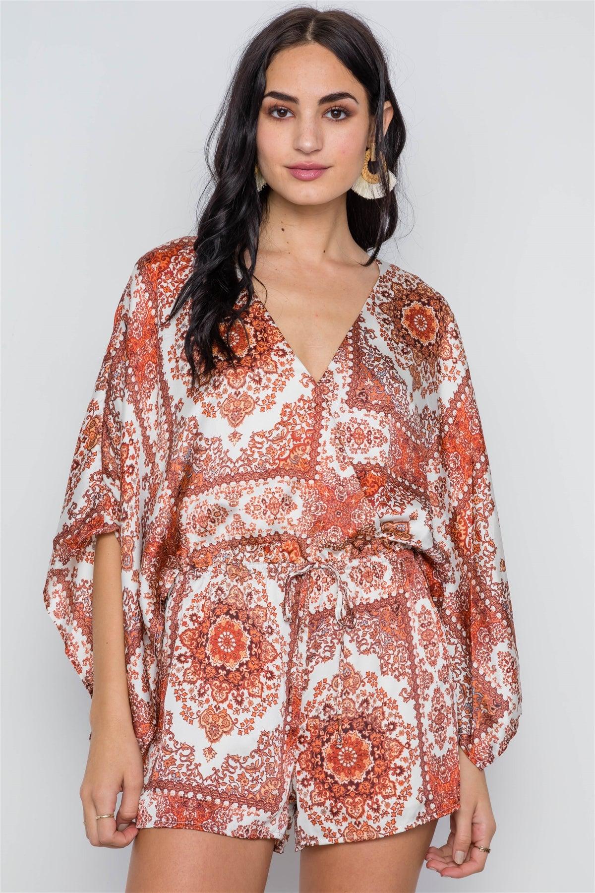 Multi Cream Paisley Print Batwing Surplice Neckline Romper /3-2-1