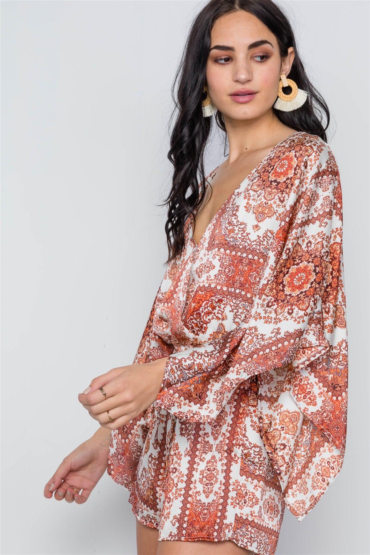 Multi Cream Paisley Print Batwing Surplice Neckline Romper /3-2-1