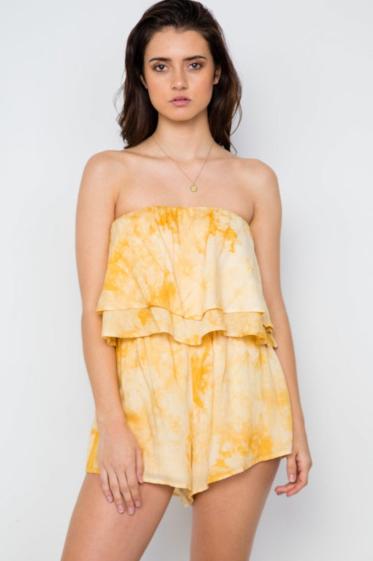 Yellow Tie Dye Strapless Boho Flounce Romper / 1-2-2-1