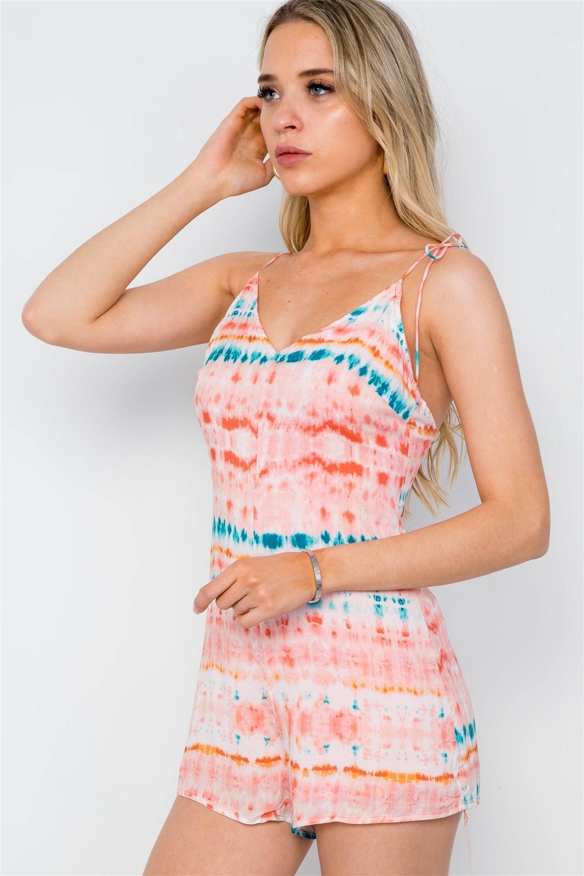 Peach Tie Dye Cami Self Tie Boho Romper /1-1-2-1