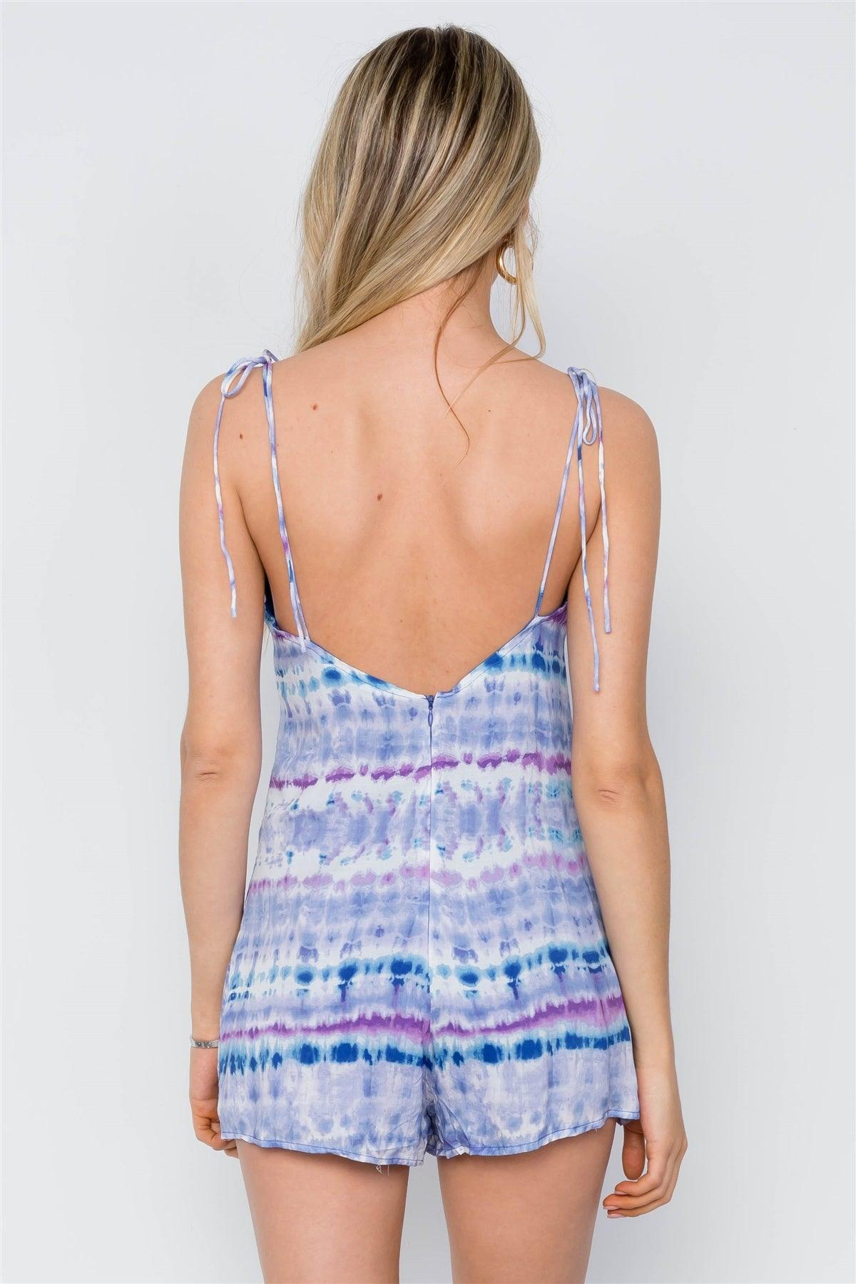 Purple Tie Dye Cami Self Tie Boho Romper - Tasha Apparel Wholesale