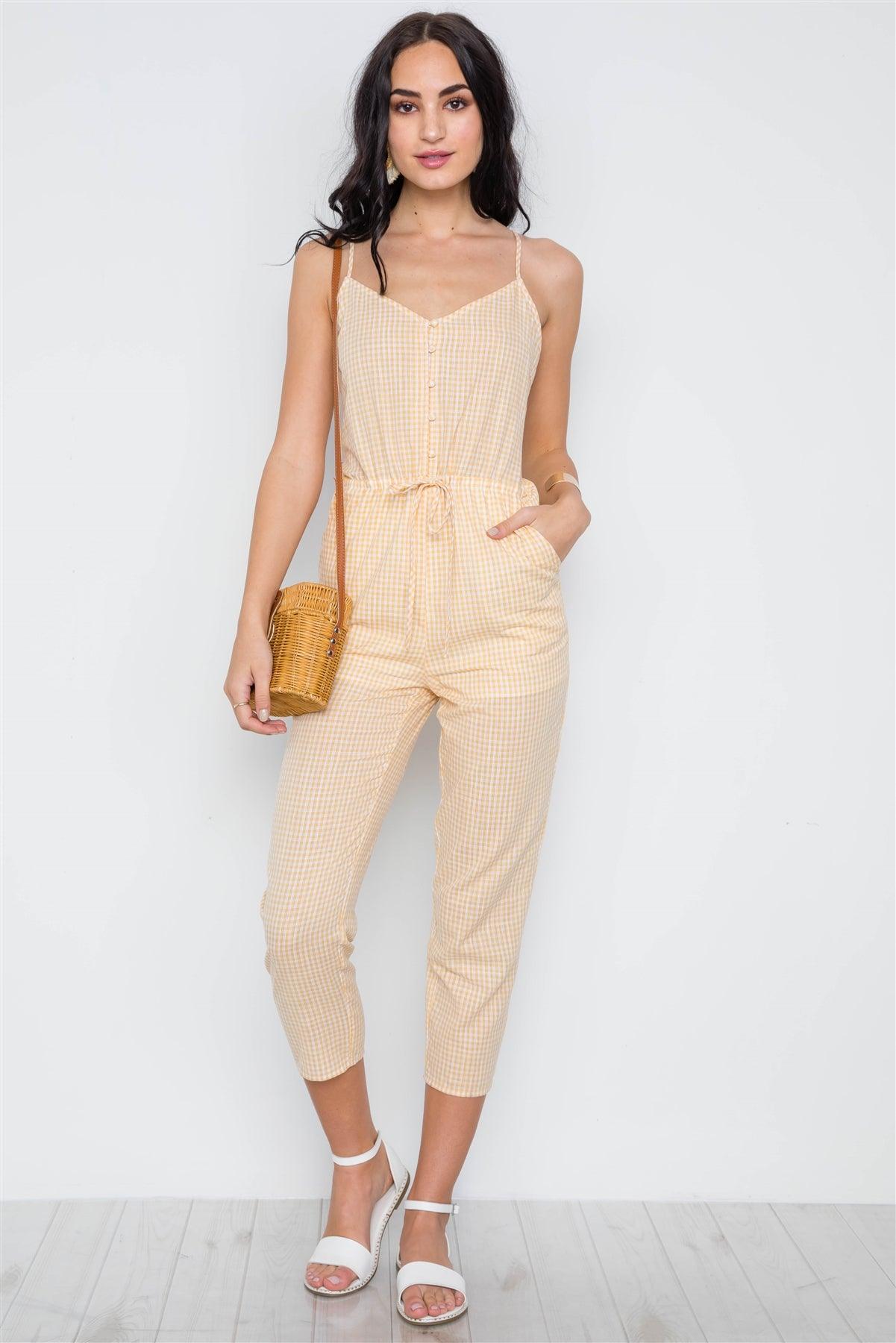 Yellow Cami Strap Gingham Open Back Boho Jumpsuit /1-2-2-1