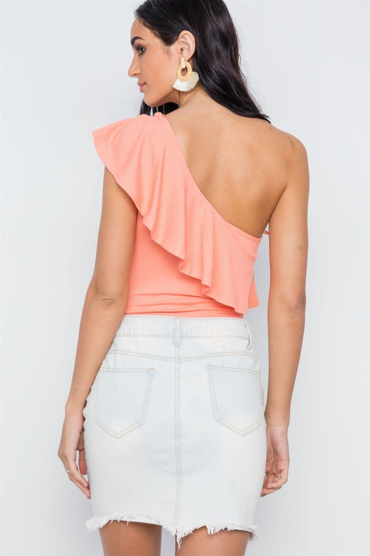 Peach Ribbed One Shoulder Flounce Bodysuit /1-2-1