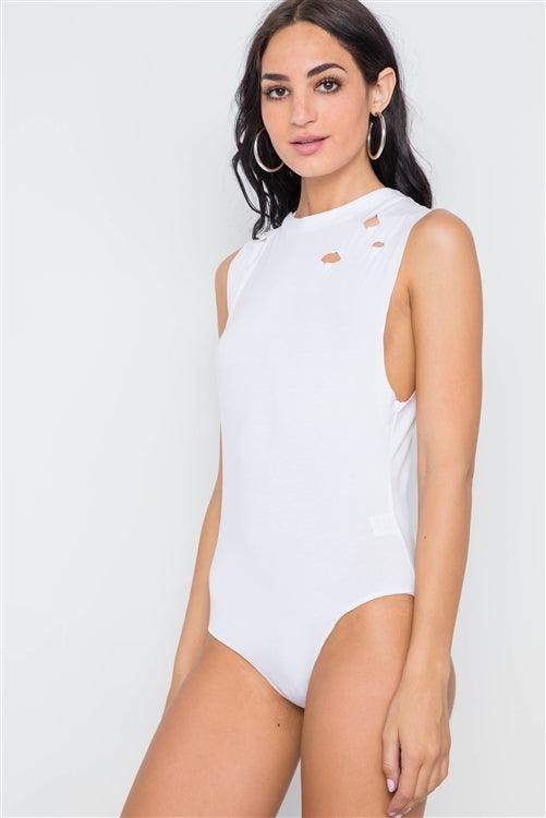 White Distressed Sleeveless Solid Knit Bodysuit /2-2-1