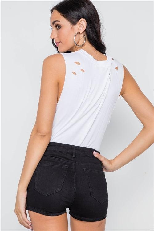 White Distressed Sleeveless Solid Knit Bodysuit /2-2-1