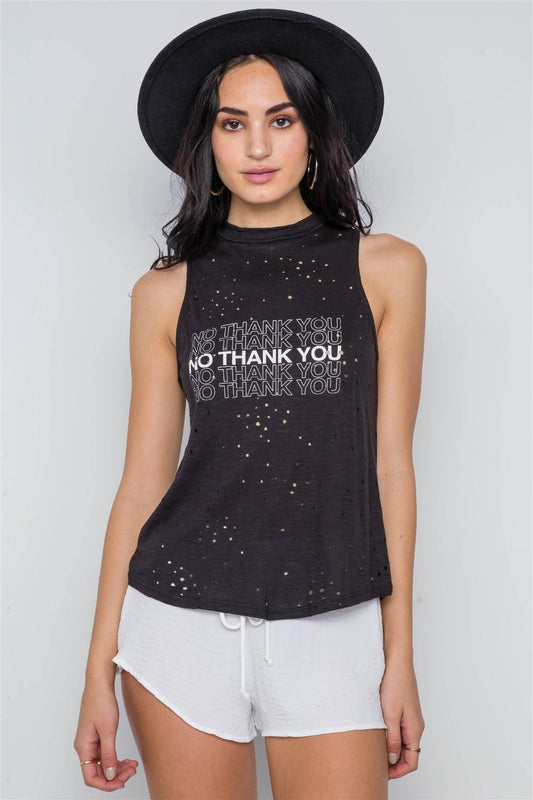 Black Sleeveless Distressed Graphic Print Top /3-2-1