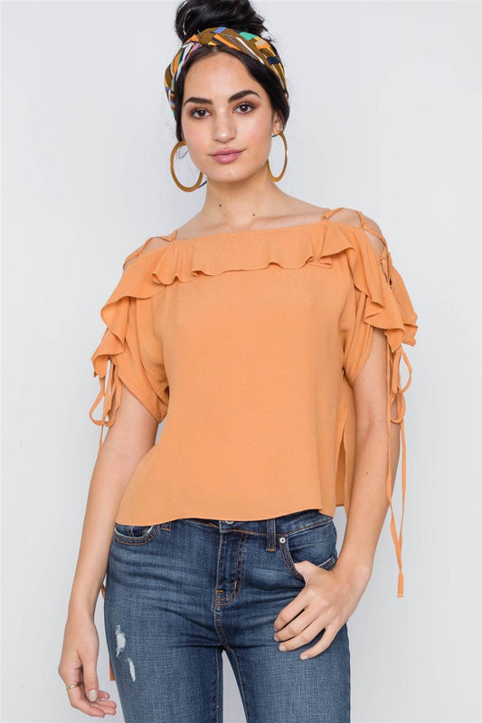 Honey Flounce Solid Lace Up Sleeves Boho Top