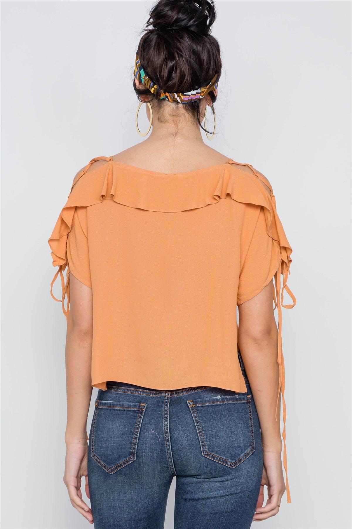 Honey Flounce Solid Lace Up Sleeves Boho Top /2-2-2