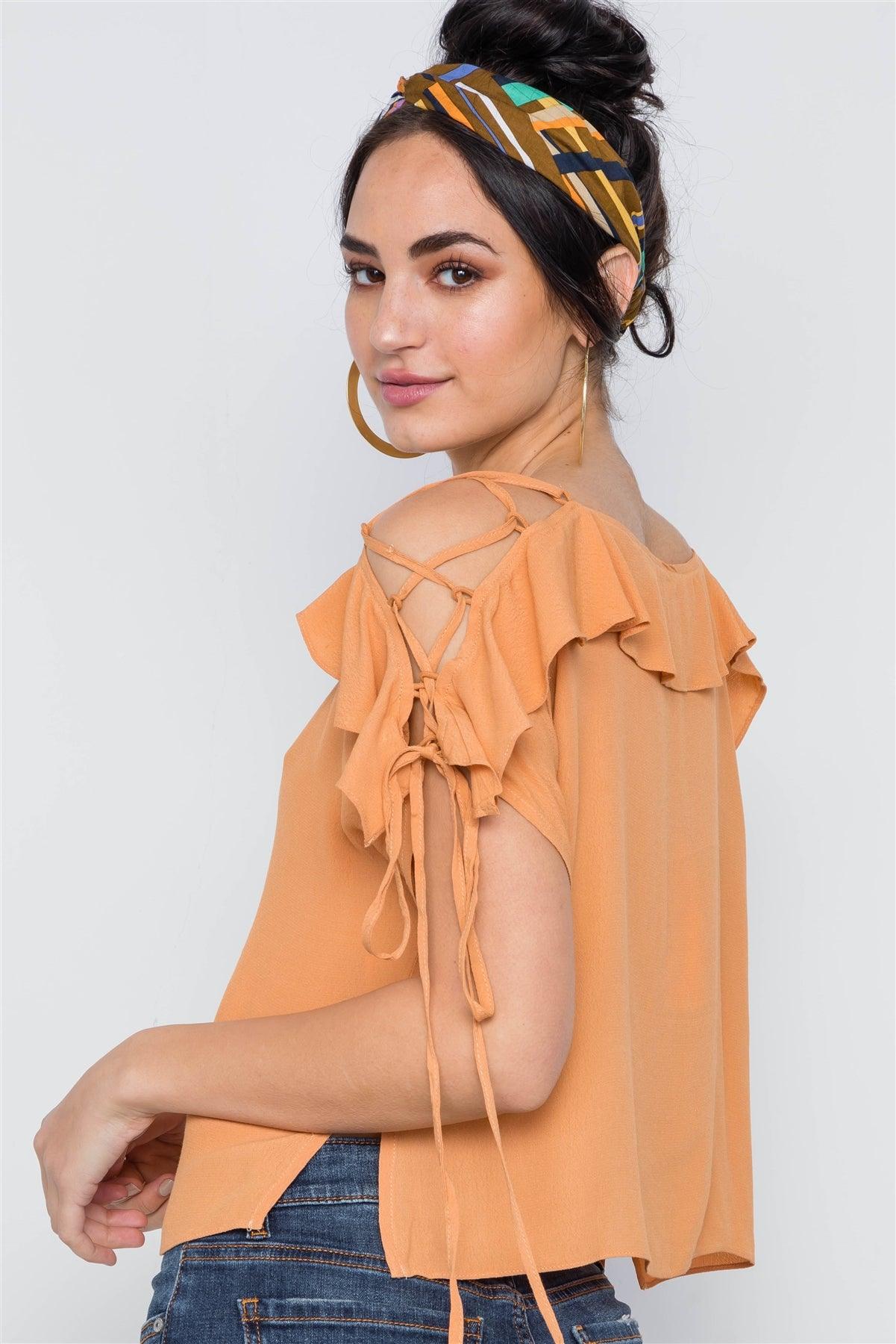 Honey Flounce Solid Lace Up Sleeves Boho Top /2-2-2