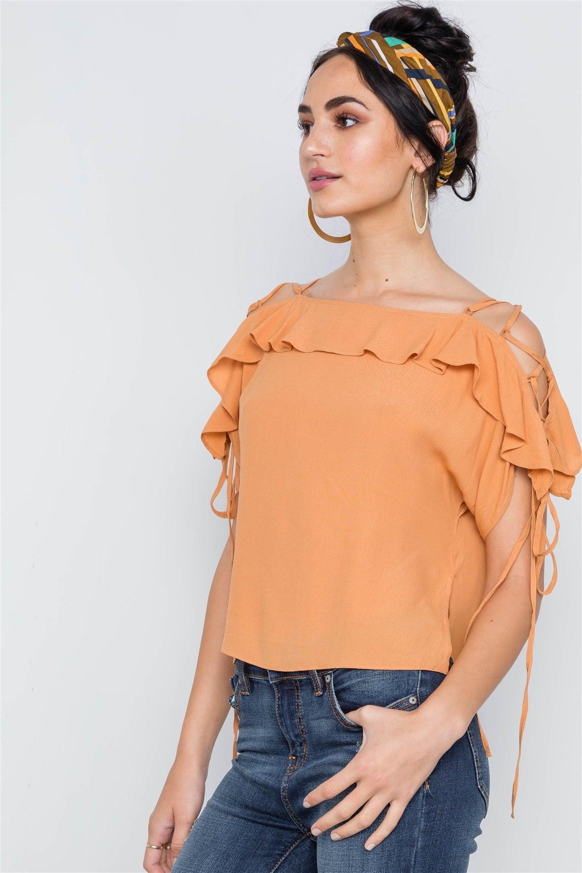 Honey Flounce Solid Lace Up Sleeves Boho Top /2-2-2