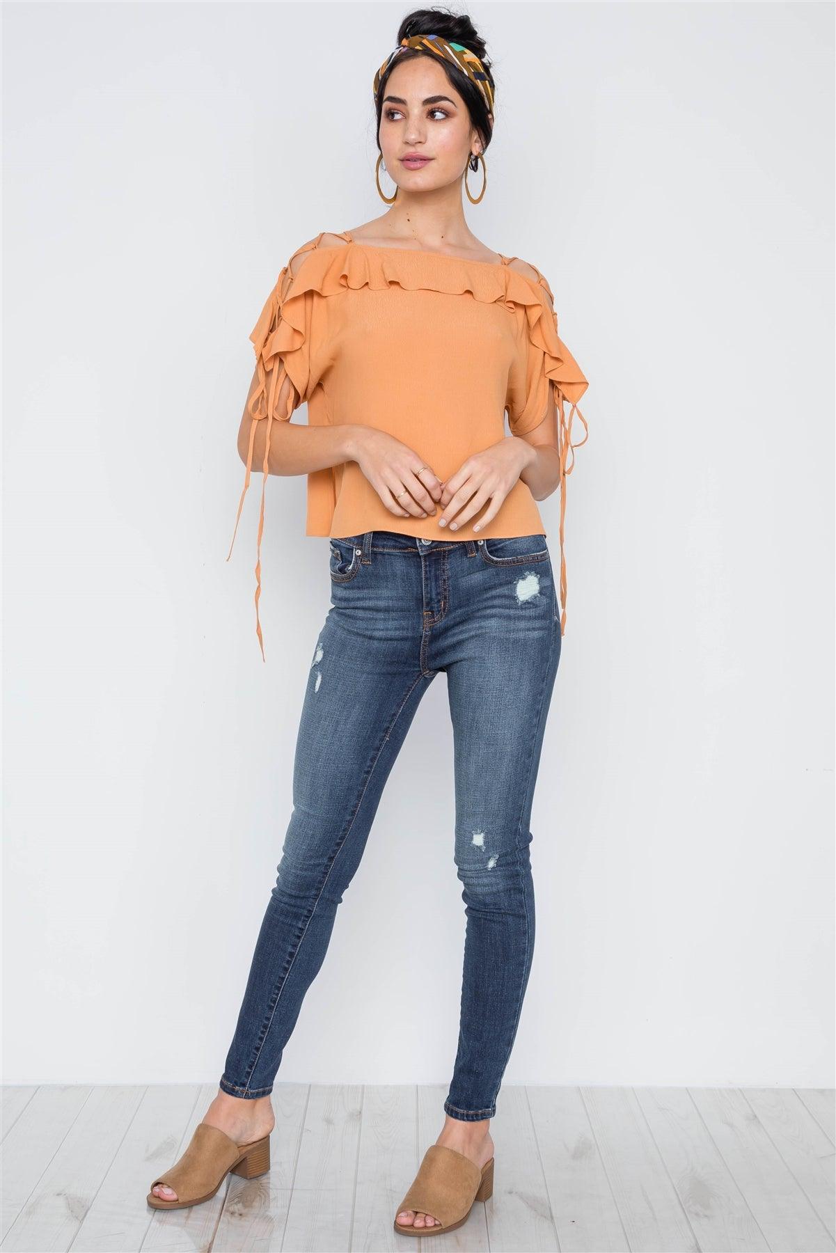 Honey Flounce Solid Lace Up Sleeves Boho Top /2-2-2