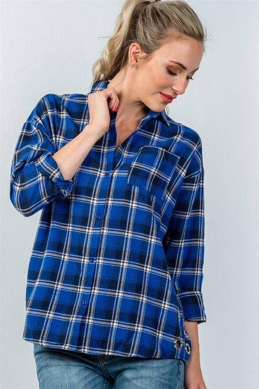 Royal Plaid Side Silver Grommet Top / 3-2-1