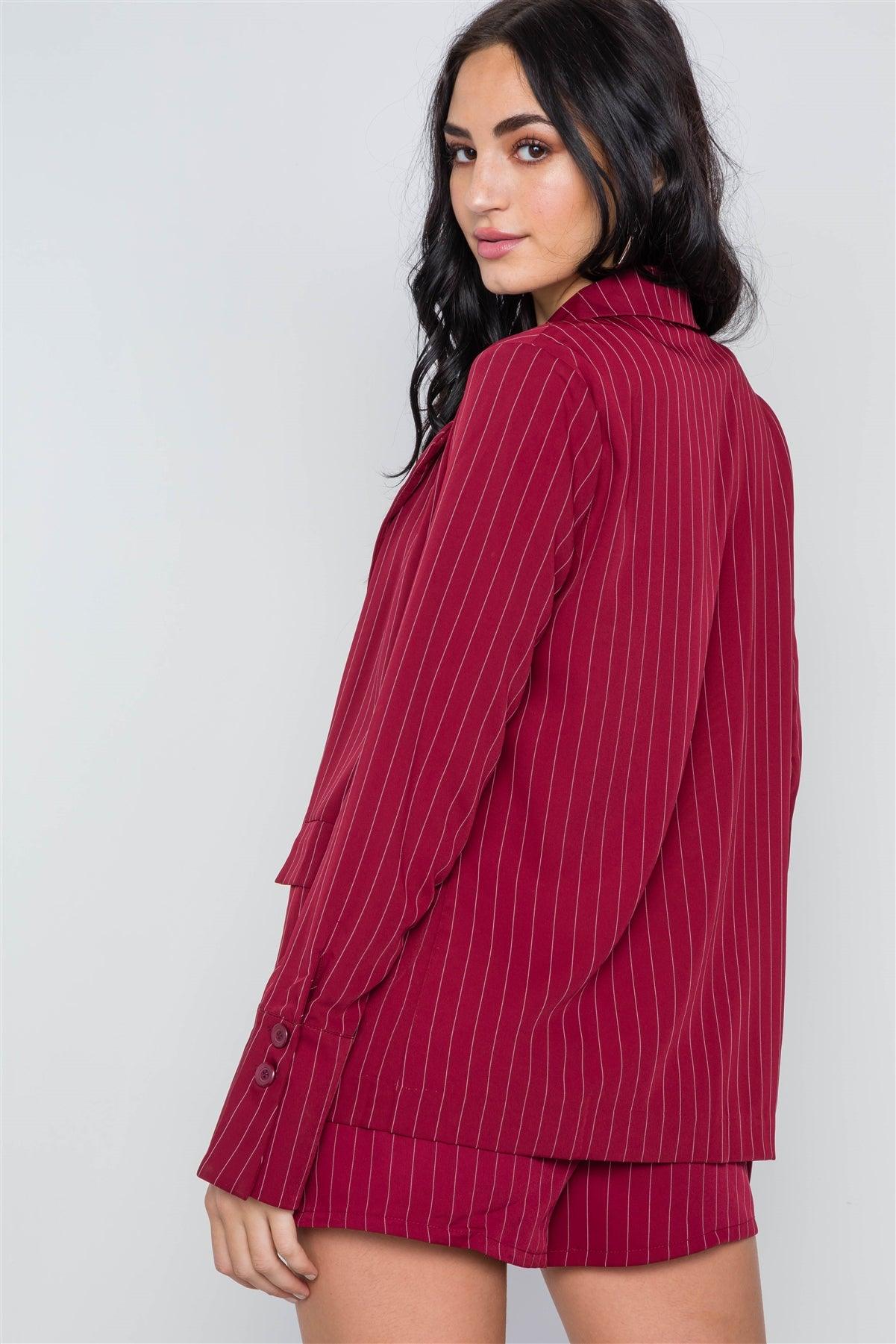 Wine Stripe Long Sleeve Front Button Blazer / 1-2-2-1