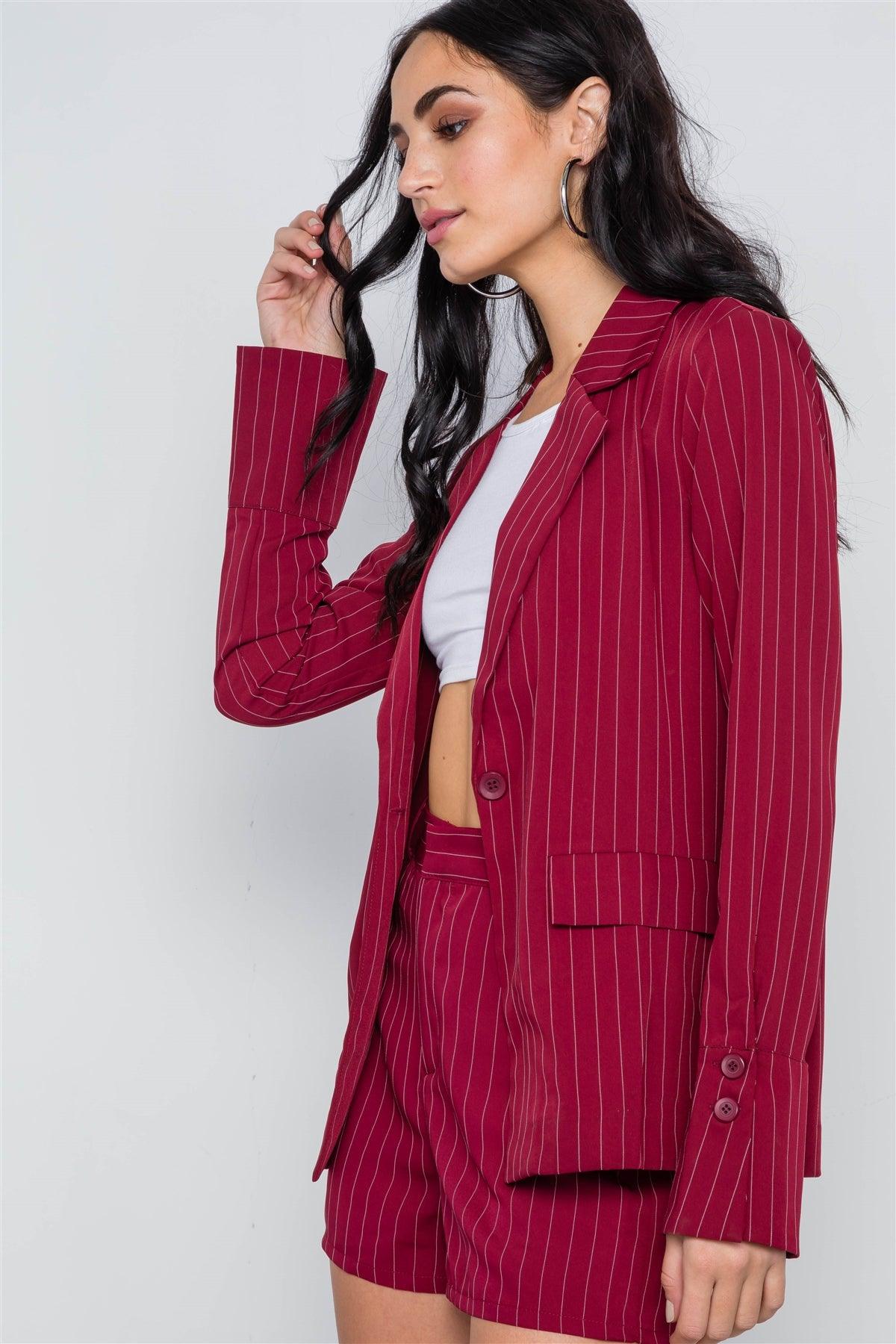 Wine Stripe Long Sleeve Front Button Blazer / 1-2-2-1