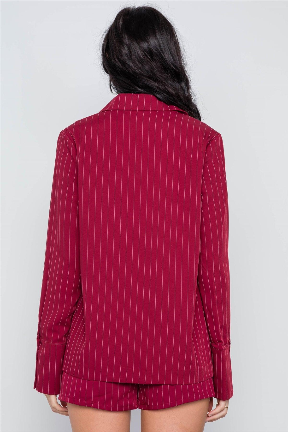 Wine Stripe Long Sleeve Front Button Blazer / 1-2-2-1