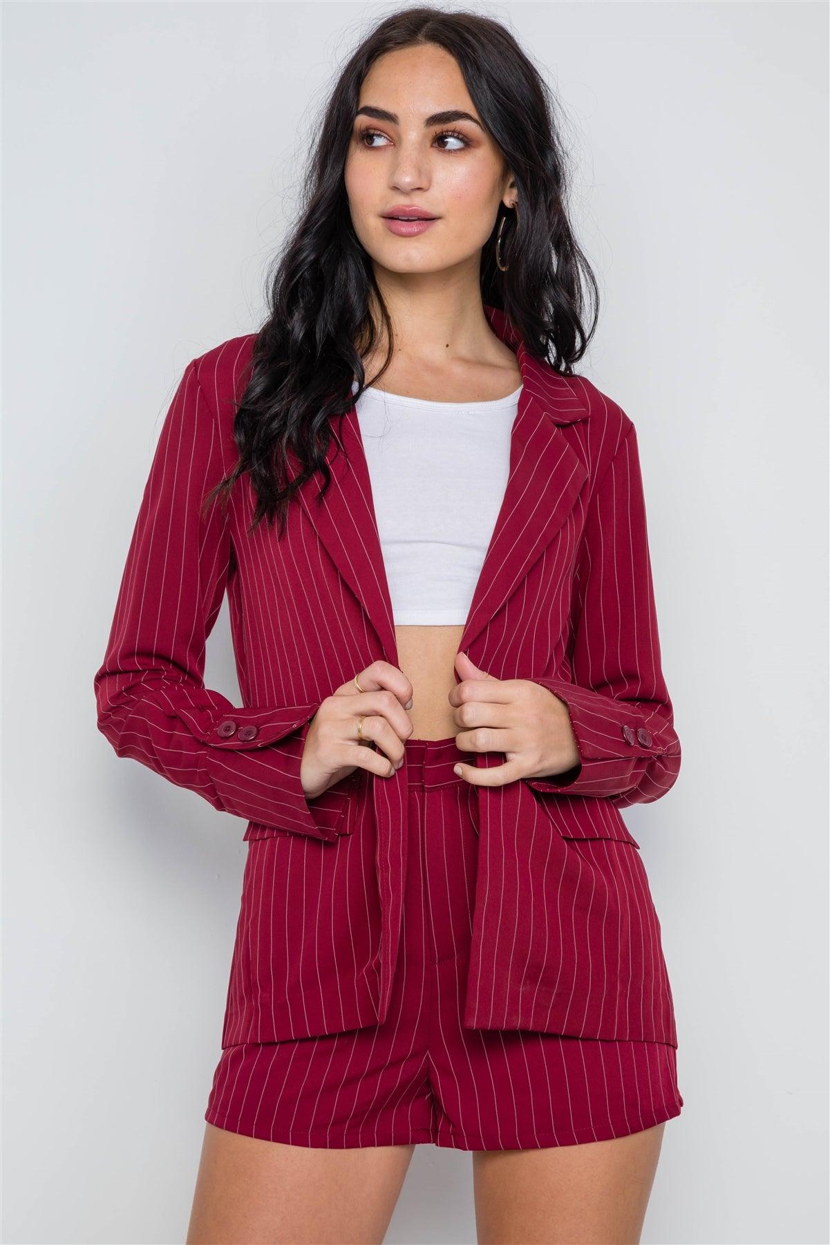 Wine Stripe Long Sleeve Front Button Blazer / 1-2-2-1