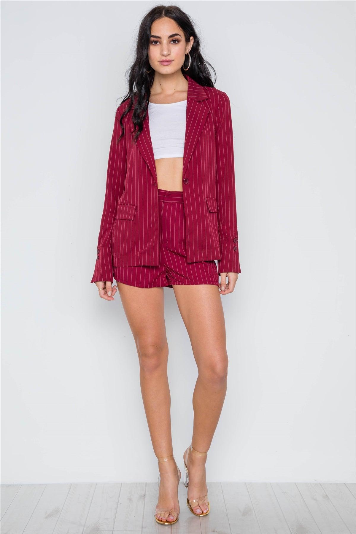 Wine Stripe Long Sleeve Front Button Blazer / 1-2-2-1