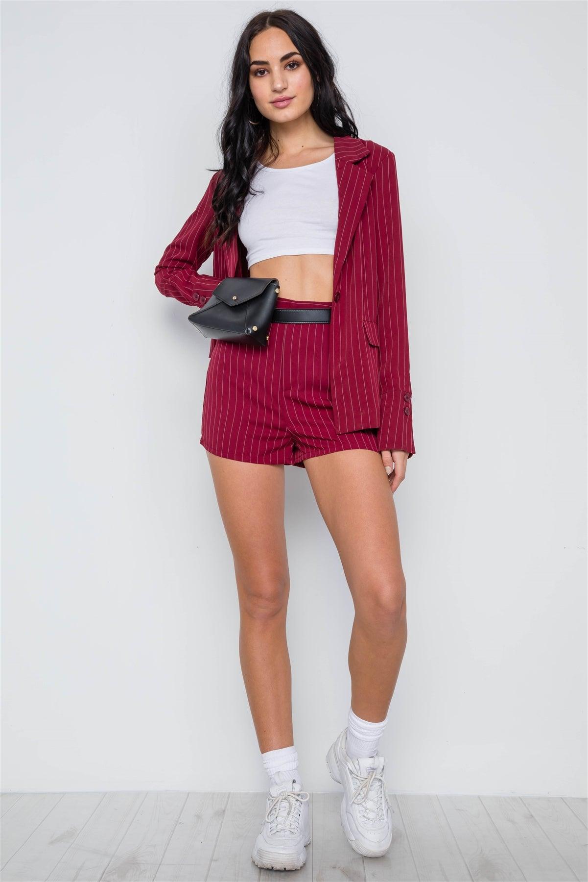 Wine Stripe Long Sleeve Front Button Blazer / 1-2-2-1