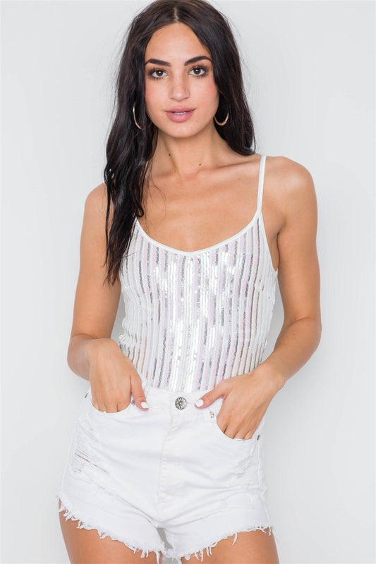 White Sequin Cami Clubwear Bodysuit /1-2-2-1