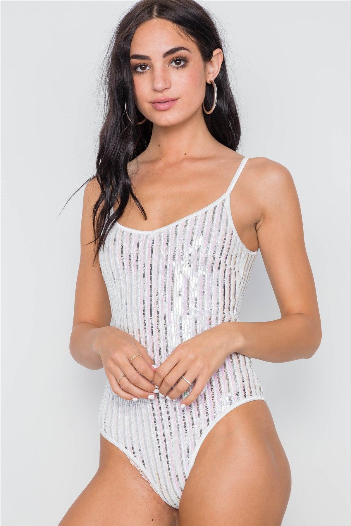 White Sequin Cami Clubwear Bodysuit /1-2-2-1