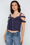 Navy Striped Button Down Cut Out Flounce Boho Top / 3-2-1