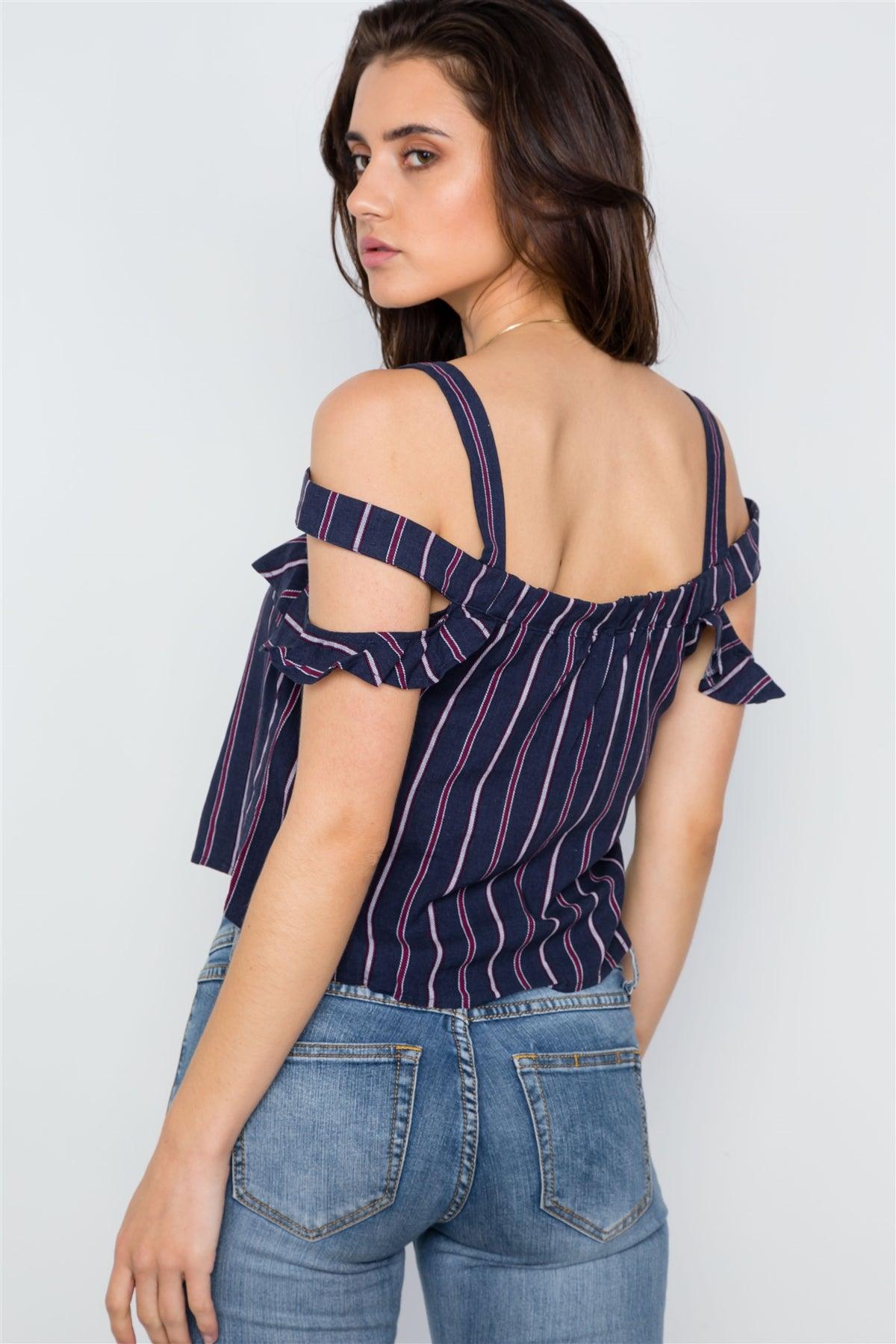 Navy Striped Button Down Cut Out Flounce Boho Top / 3-2-1