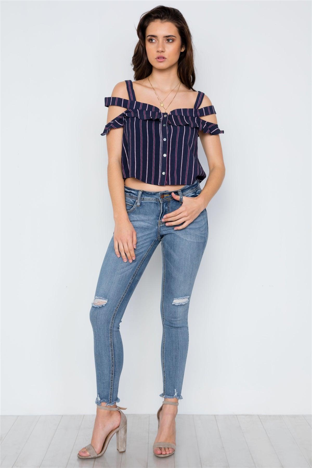 Navy Striped Button Down Cut Out Flounce Boho Top / 3-2-1