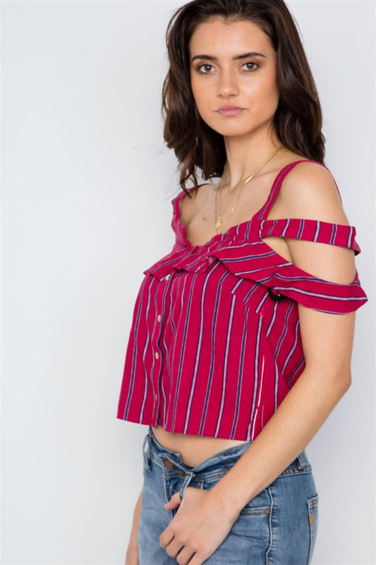 Red Striped Button Down Cut Out Flounce Boho Top / 2-2-1