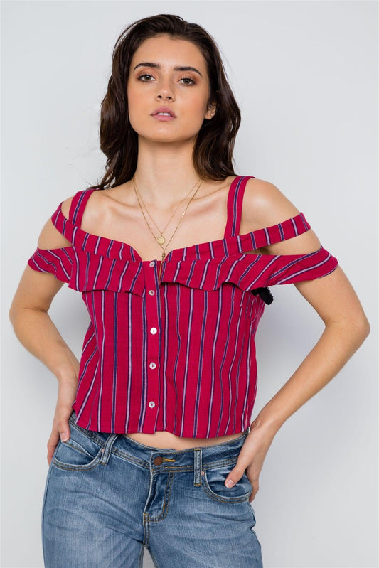 Red Striped Button Down Cut Out Flounce Boho Top / 3-2-1