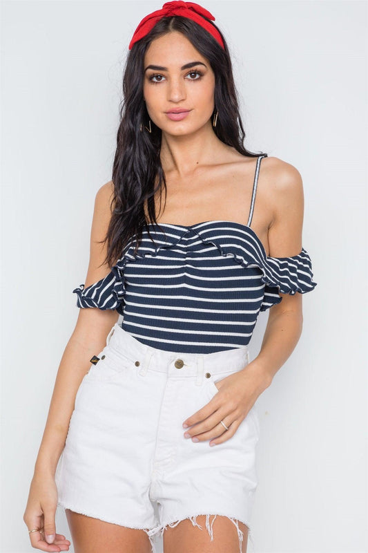 Navy White Knit Ribbed Striped Cami Bodysuit /1-2-2-1