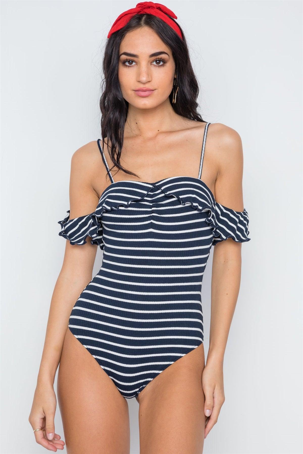 Navy White Knit Ribbed Striped Cami Bodysuit /1-2-2-1