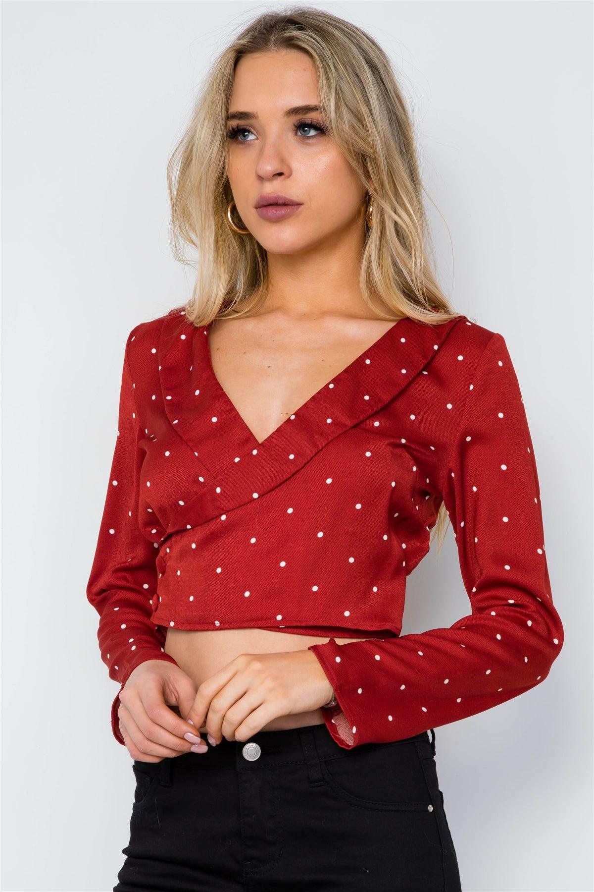 Brick Polka Dot Long Sleeve Cropped Top