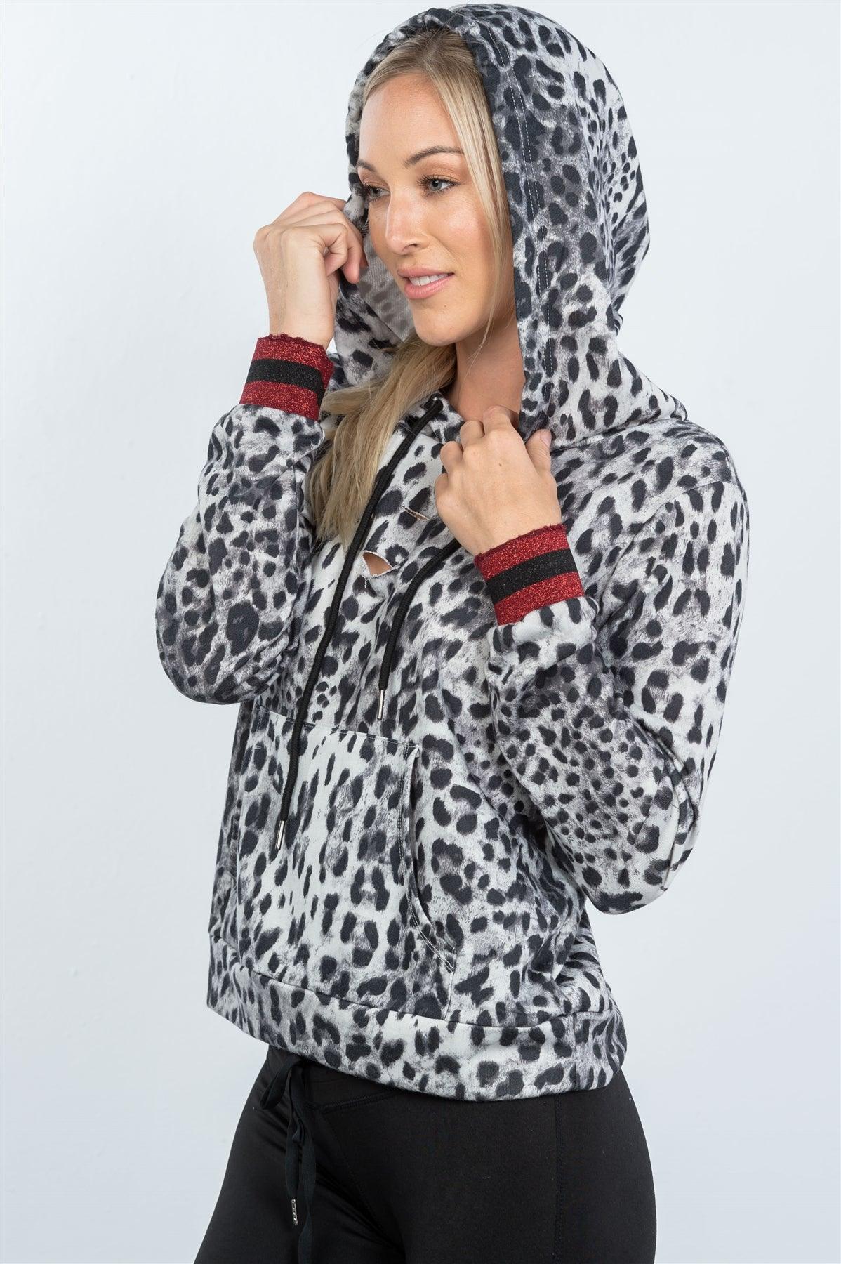 Gray Animal Leopard Distressed Leopard Print Hoodie / 4-2-1