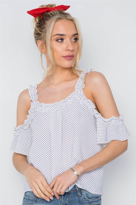 Off White Polka Dot Cold Shoulder Ruffle Top /2-2-2