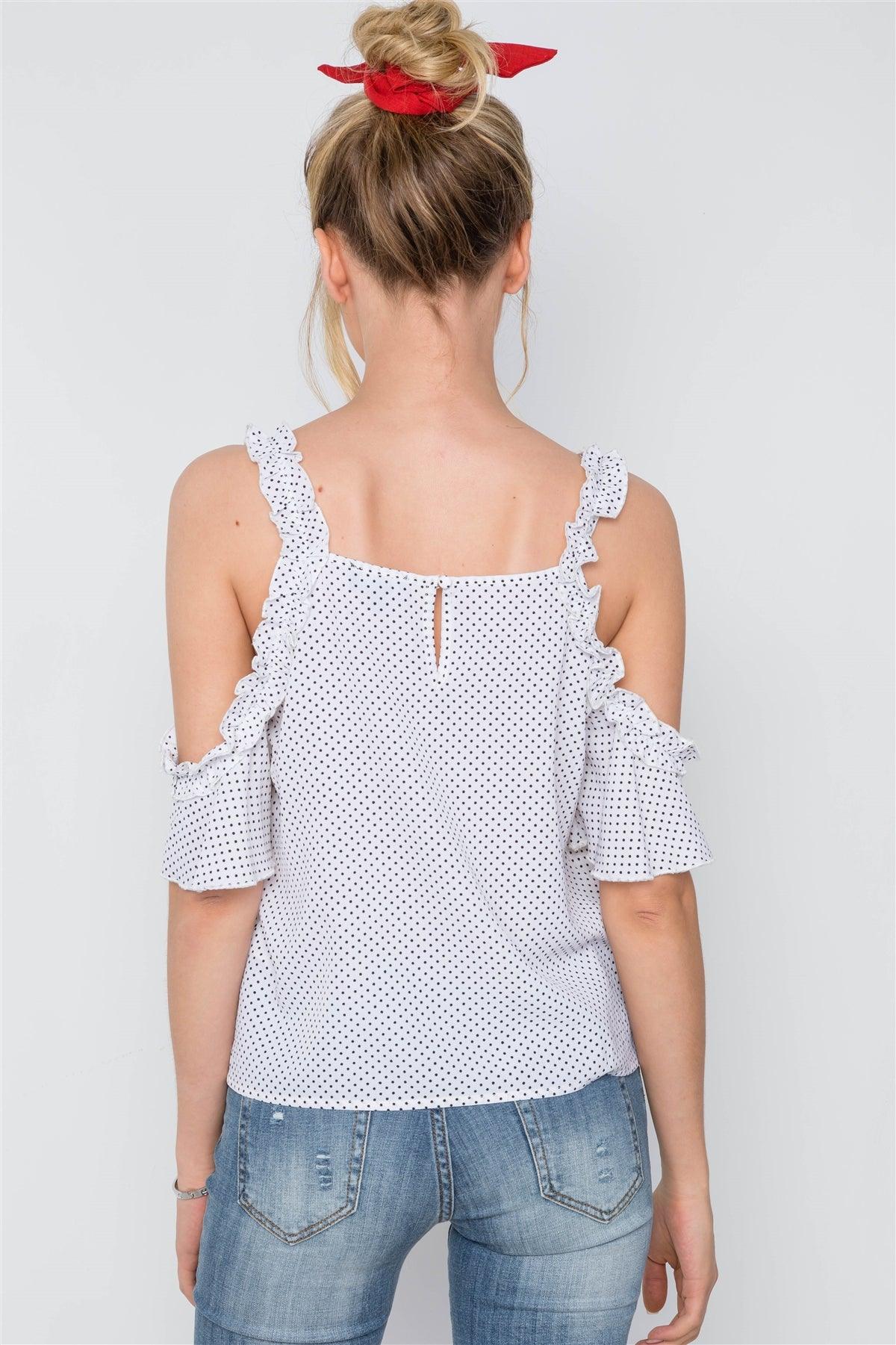 Off White Polka Dot Cold Shoulder Ruffle Top /2-2-2