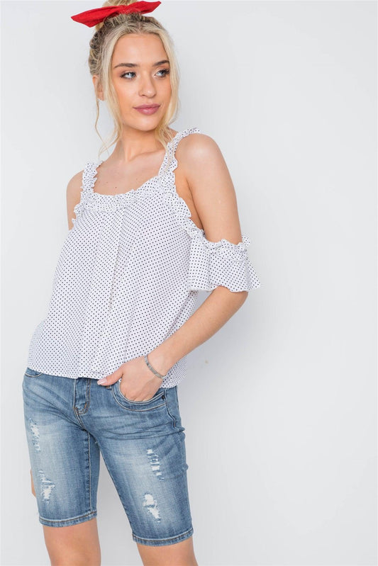 Off White Polka Dot Cold Shoulder Ruffle Top /1-3-3