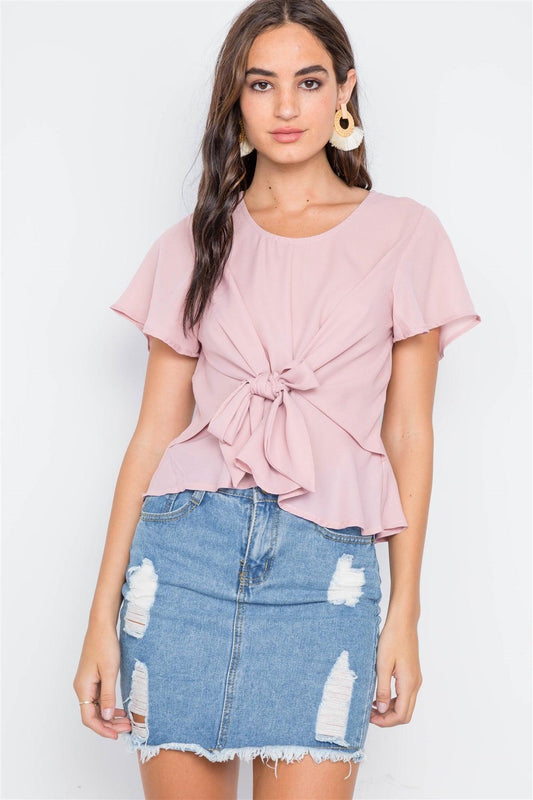 Blush Tie-Front Butterfly Sleeve Chiffon Blouse