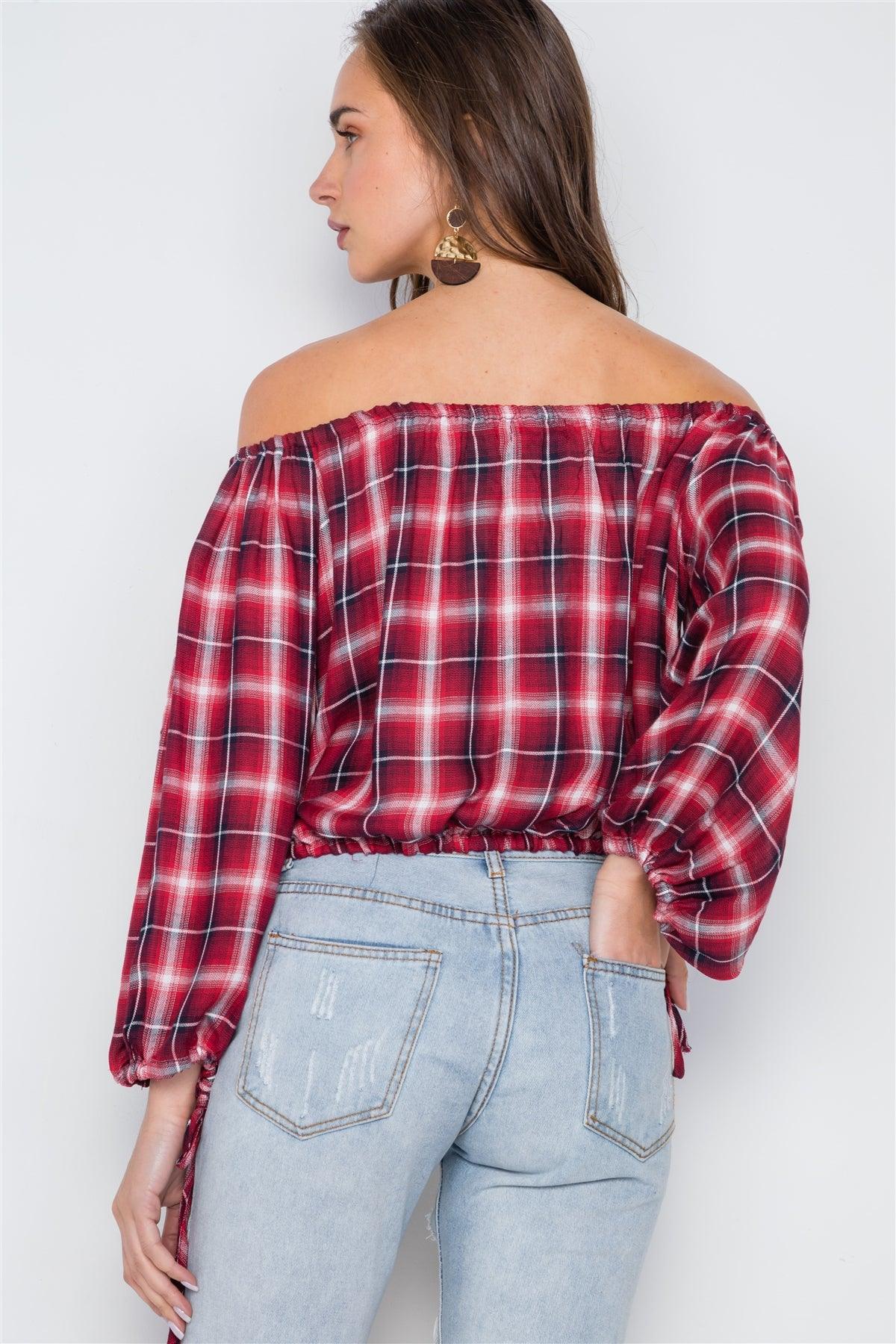 Multi Red Plaid Off-The-Shoulder Top /2-1-1