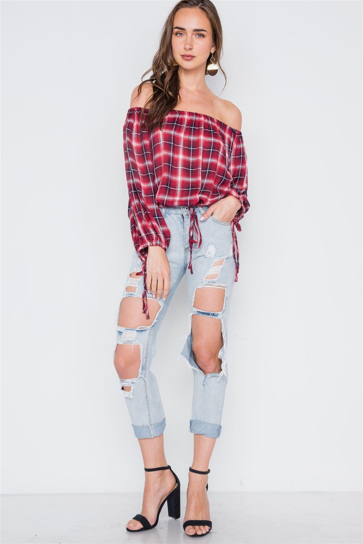 Multi Red Plaid Off-The-Shoulder Top /2-1-1