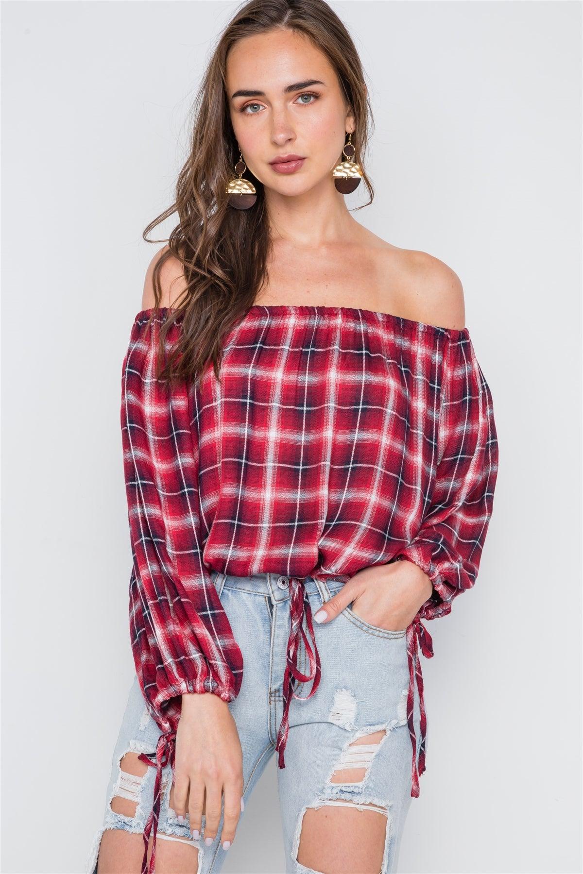 Multi Red Plaid Off-The-Shoulder Top /2-1-1