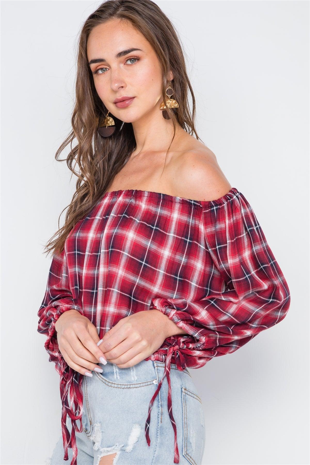 Multi Red Plaid Off-The-Shoulder Top /2-2-2