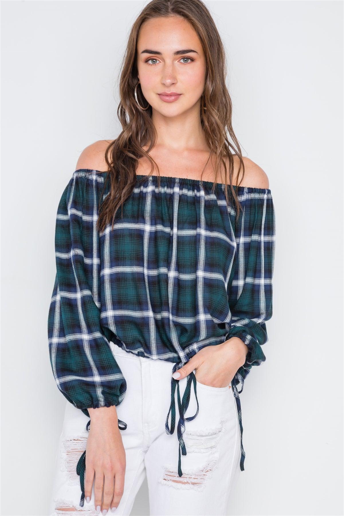 Multi Black Plaid Off-The-Shoulder Top /2-2-2