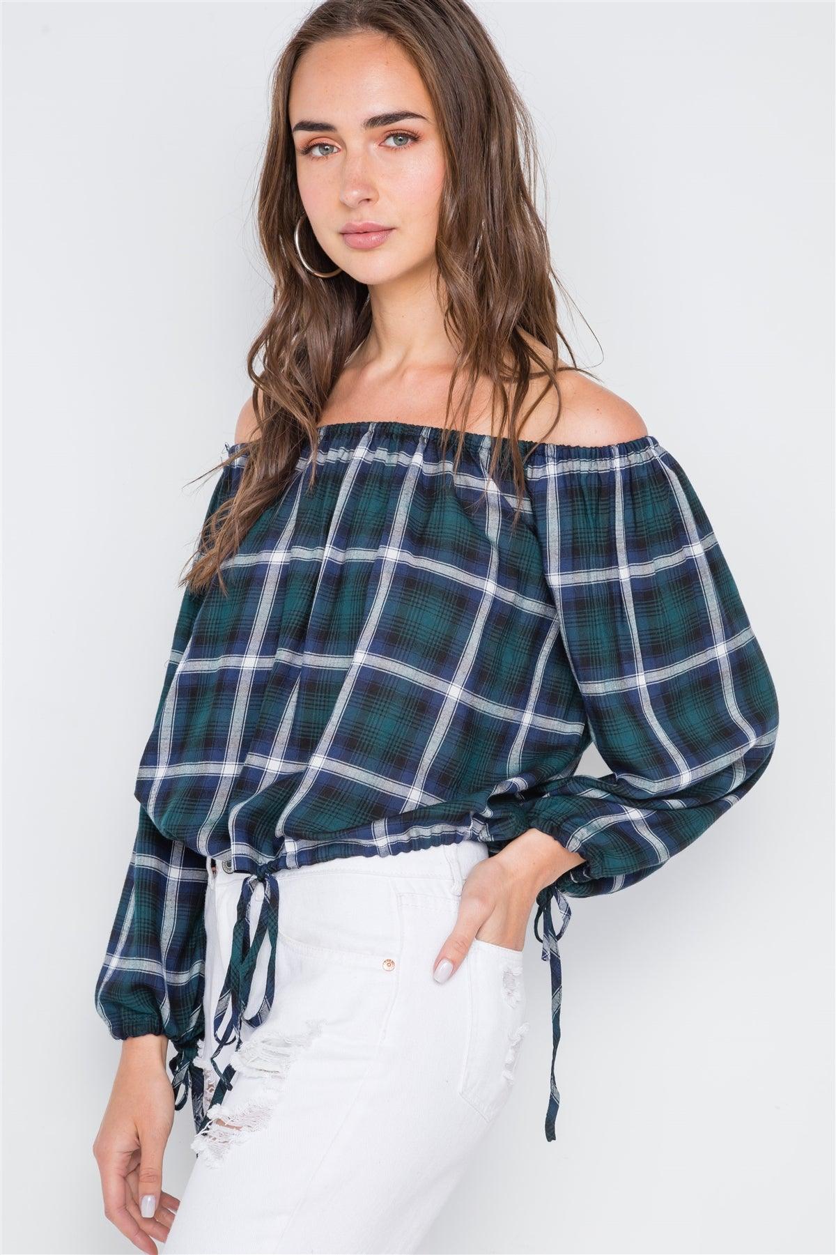 Multi Black Plaid Off-The-Shoulder Top /2-2-2