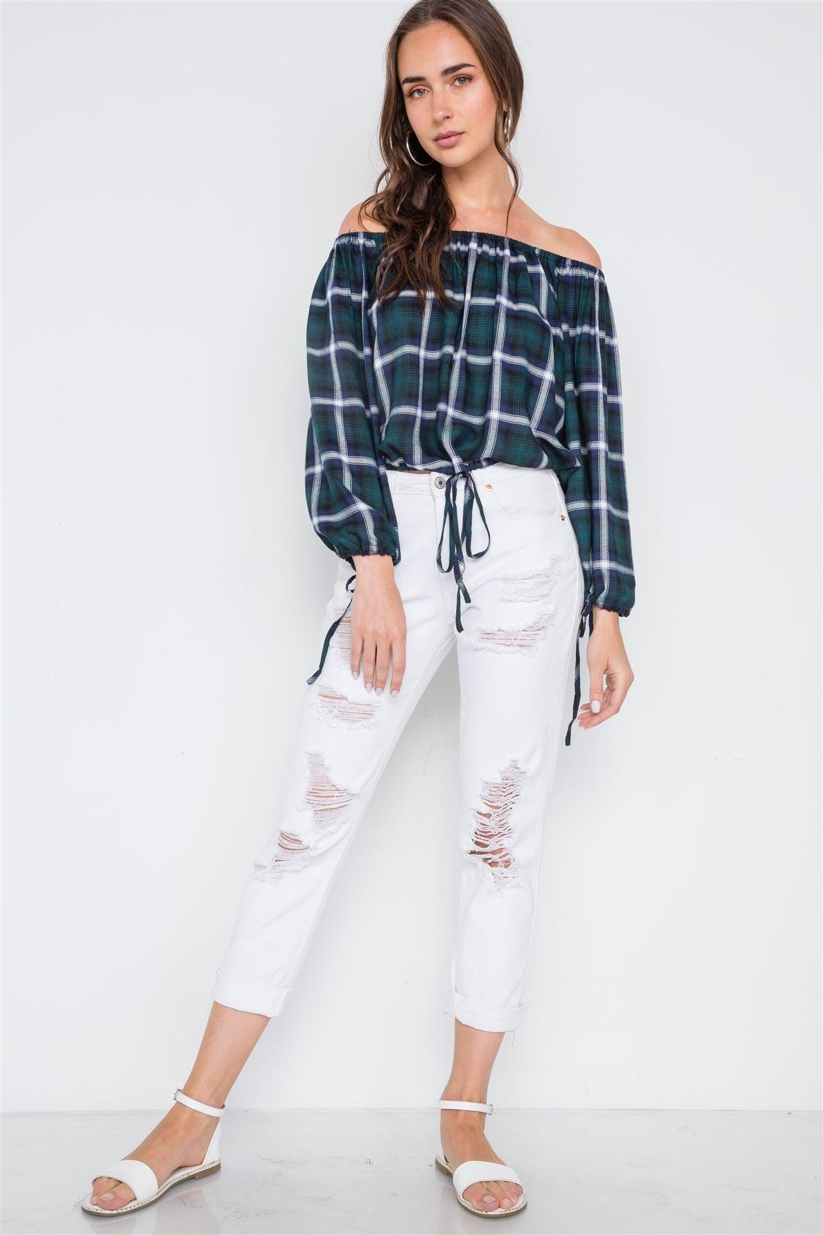 Multi Black Plaid Off-The-Shoulder Top /2-2-2