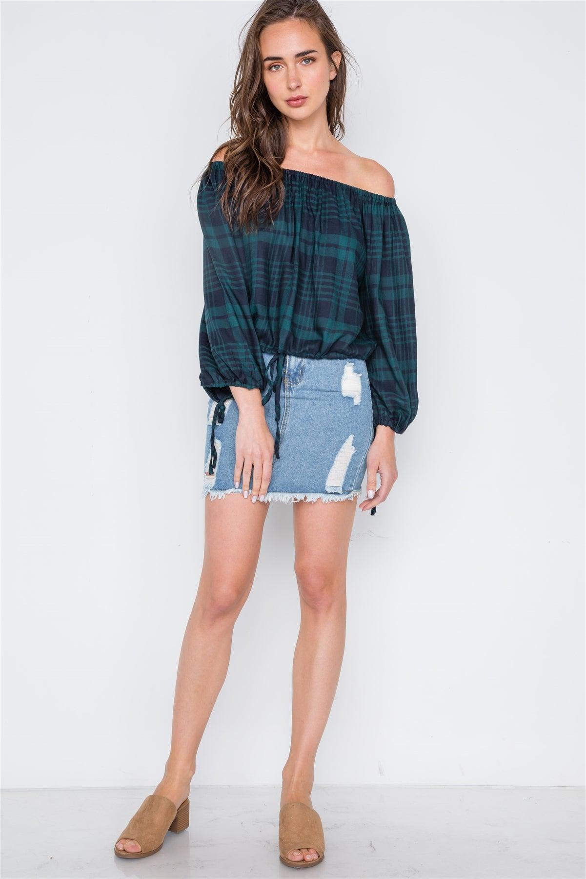 Green Plaid Off-The-Shoulder Top /2-2-3