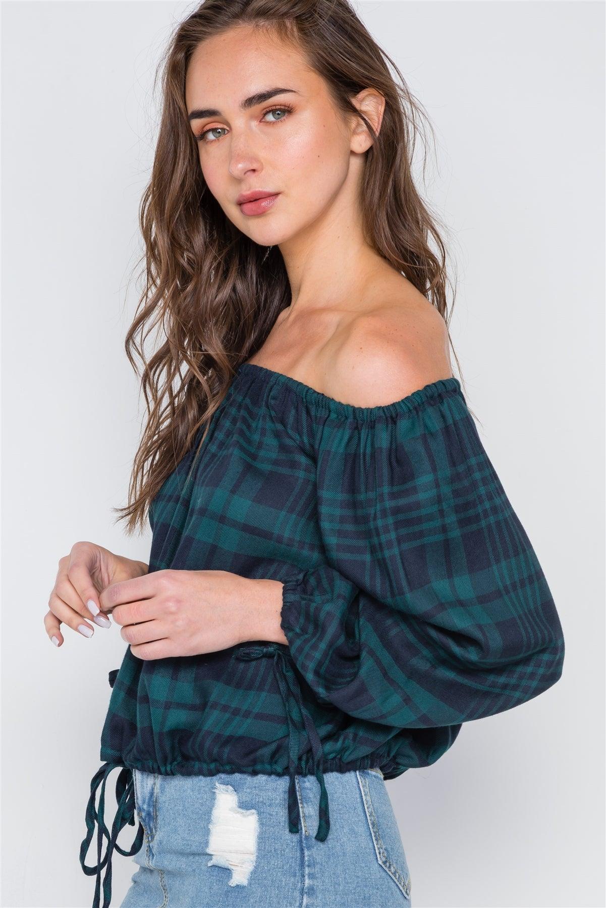 Green Plaid Off-The-Shoulder Top /2-2-3