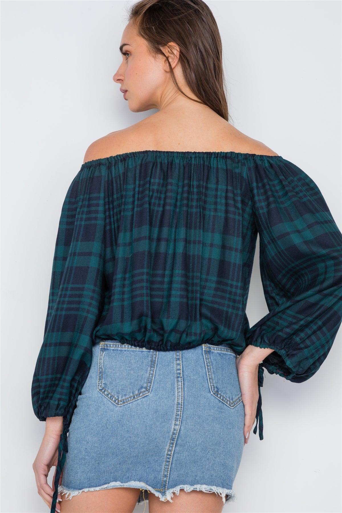 Green Plaid Off-The-Shoulder Top /2-3-3