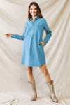 Stone Blue Ribbed Button-Up Collared Neck Two Pocket Mini Dress /1-2-2-1